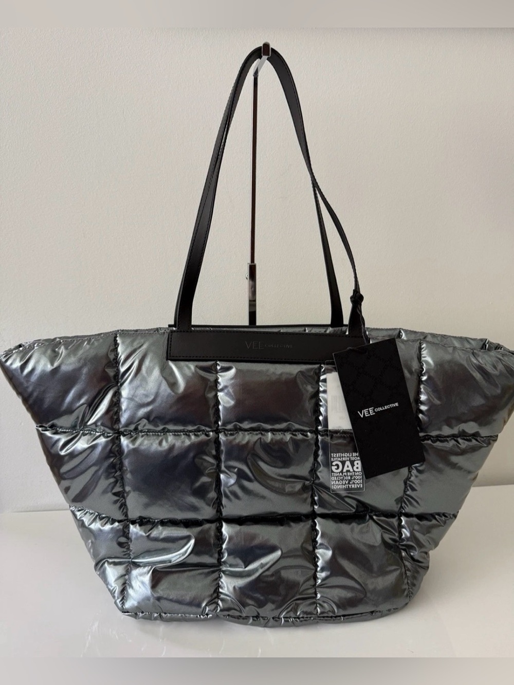 New $355 VEE COLLECTIVE Porter Basque Tote Bag, Gadget Grey Metallic
